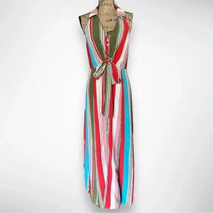 LULUMARI Women's Striped Maxi‎ Dress With Collar Tie Front Detail Medium | EUC